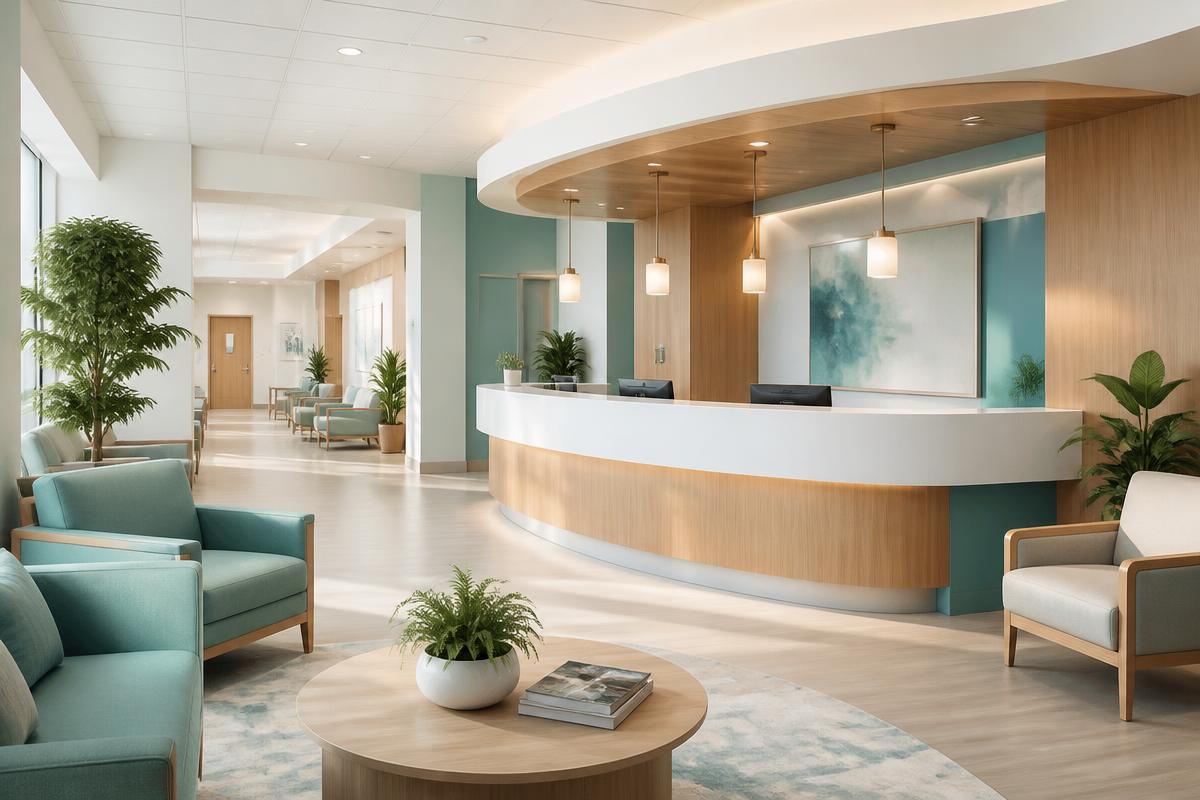 Clean and modern reception area at Tridev Orthopaedic Hospital Surat